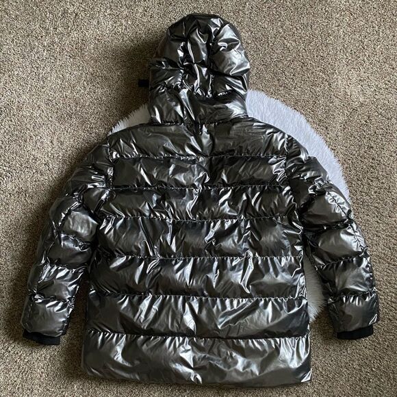 DKNY Silver Puffer Coat Bubble Lined Puffy Shiny Metallic Gunmetal Womens Large - Picture 2 of 13